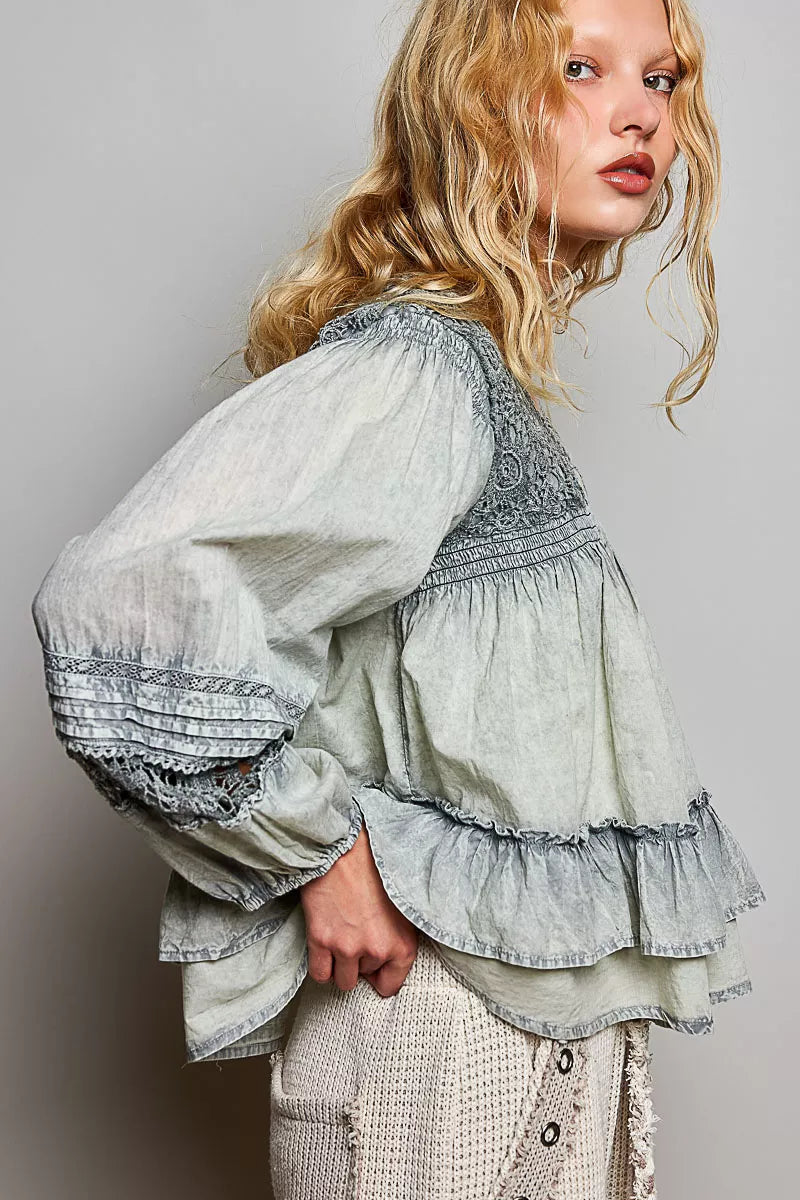 POL Washed Layered Lace Pintuck Flared Woven Blouse