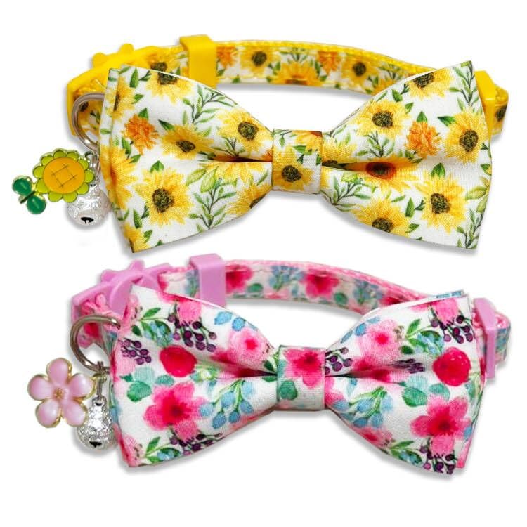 2 Pack Summer Floral Cat Collar with Bow Tie Sunflower and Cherry Blossom Patterns Adjustable Safety Breakaway Collar for Kitties and Kittens