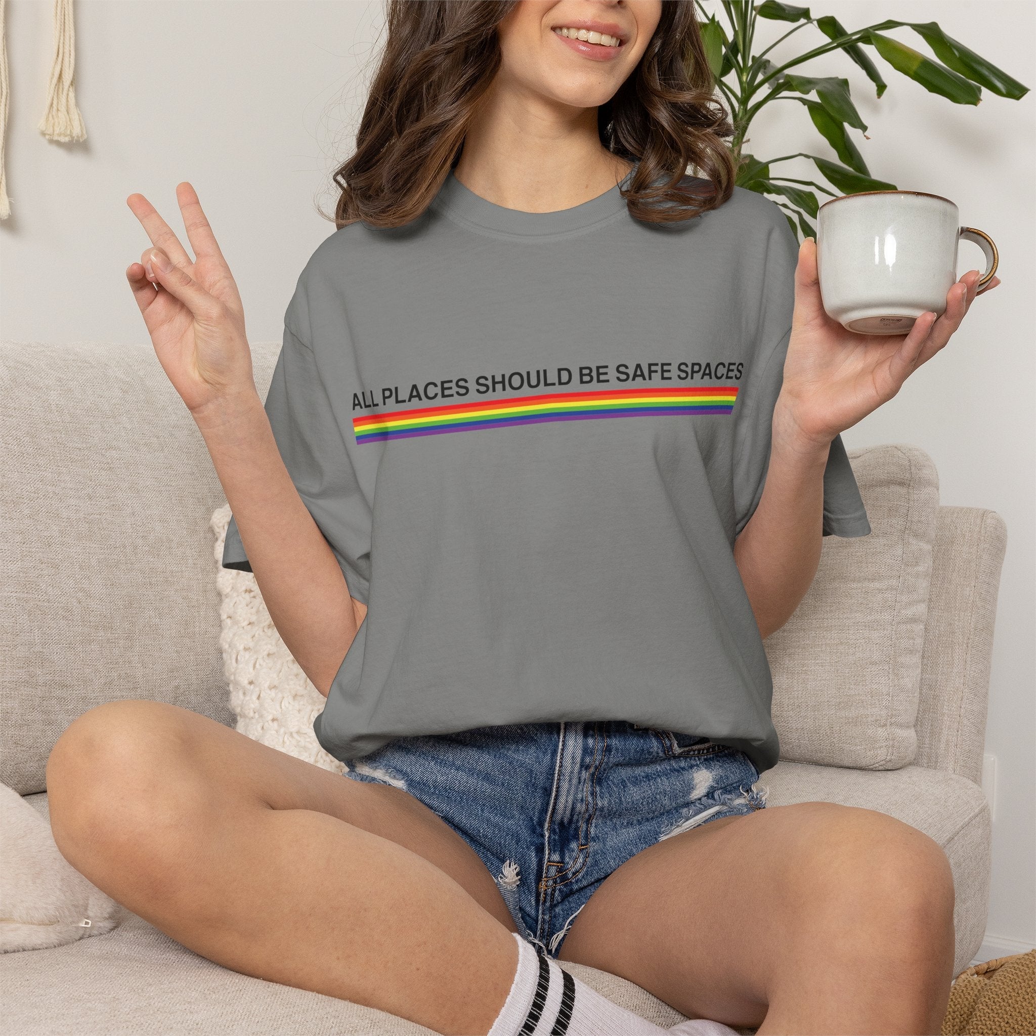 Bespattered Facade Rainbow All Places Should Be Safe Spaces Colorful LGBTQ+ Pride Premium Unisex Comfort Colors Garment Dyed 100% Cotton T-Shirt