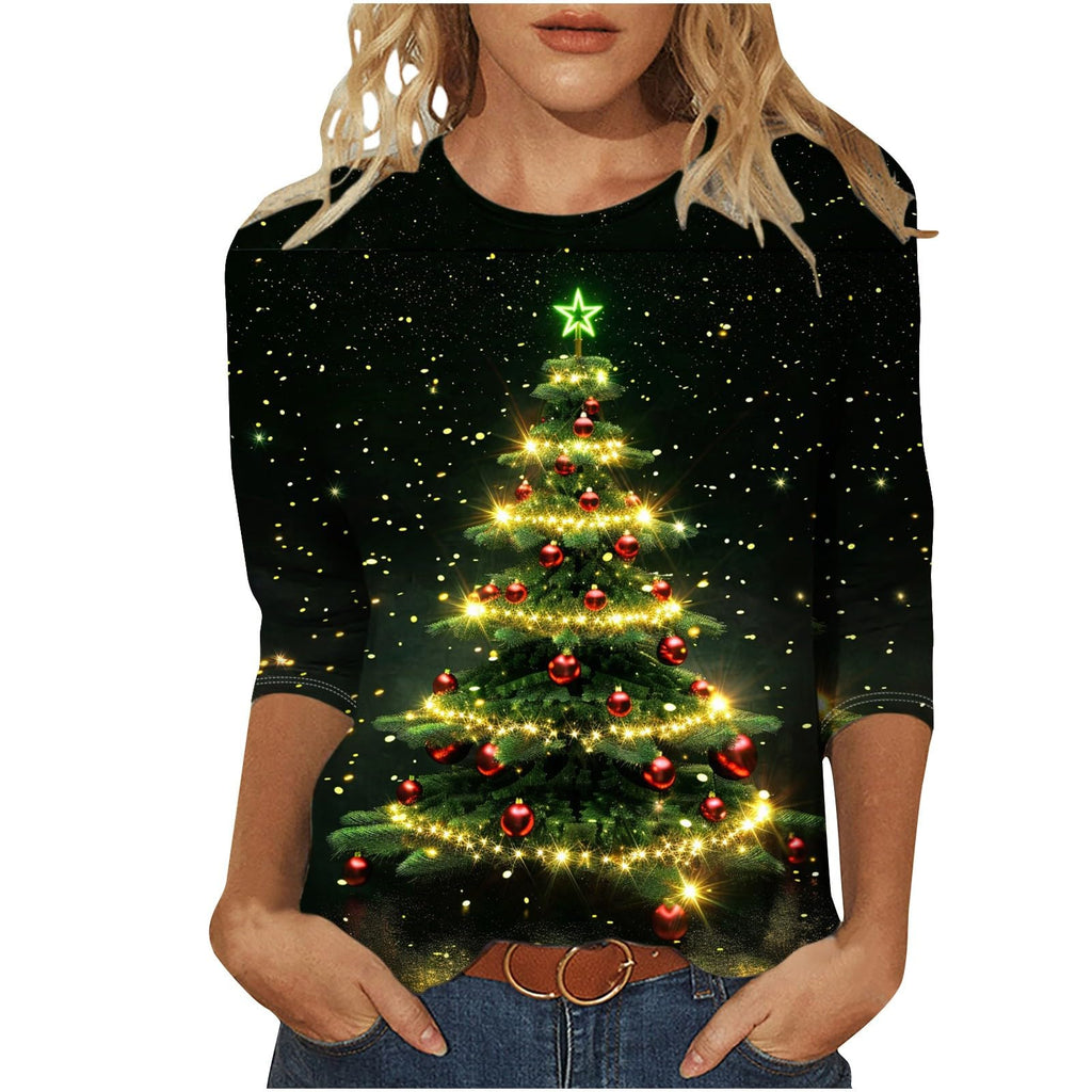 Women Clothes Big Christmas Tree Shirts for Women Plus Size T-Shirts Xmas Gifts 3/4 Length Sleeve Tops Graphic Tees Tunic Pullover Holiday Outfit