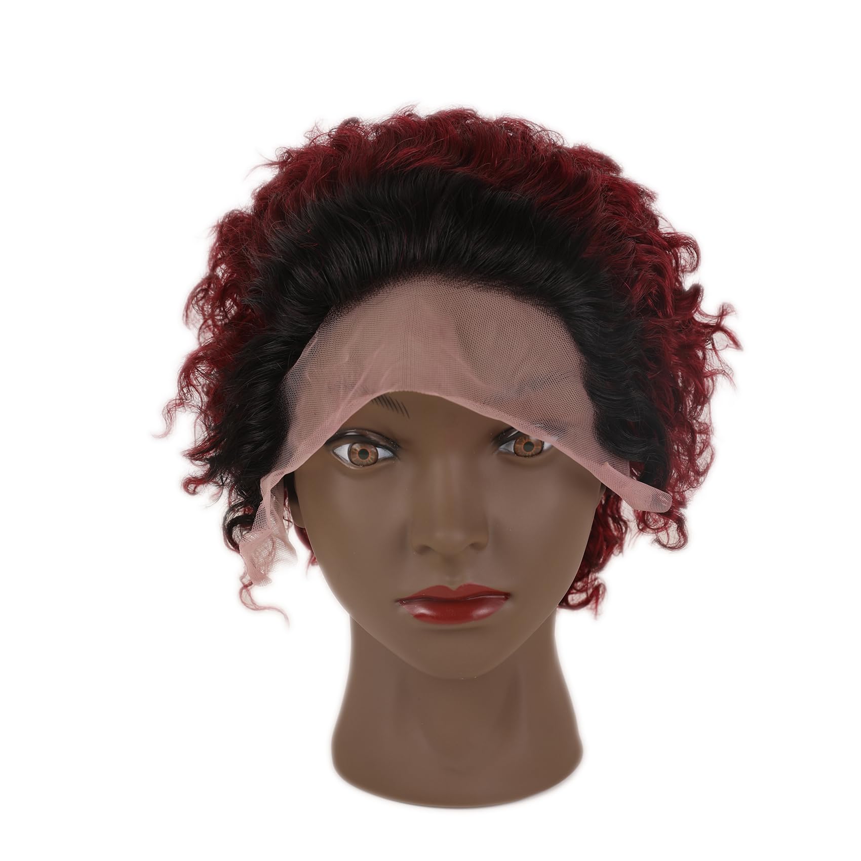 Ombre Burgundy Pixie Cut Wig Short Lace Bob Curly Wig Water Wave Lace Front Human Hair Wig 13X1 Transparent Lace Wig For Women (1B/99j#)