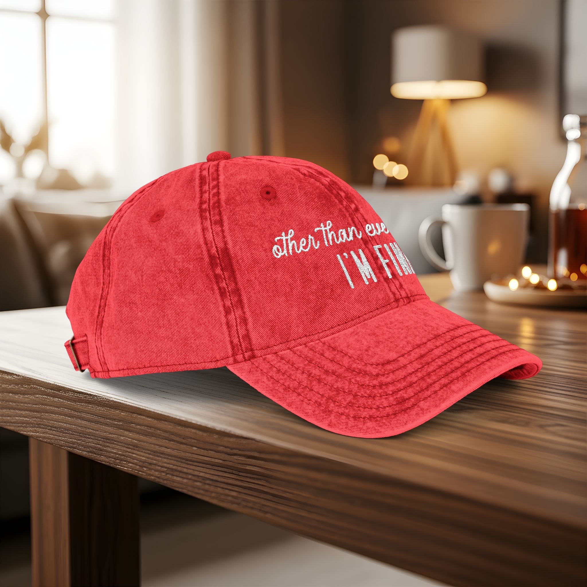 Bespattered Facade "I'm Fine" White Embroidered Vintage Cap