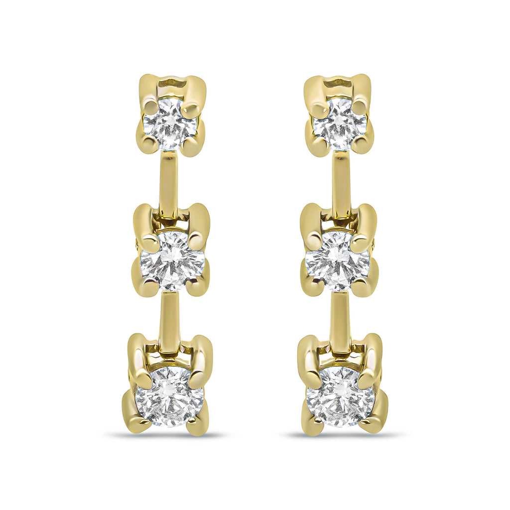 14K Yellow Gold 1/2 Cttw Round Diamond 3 Stone Graduated Linear Drop Past, Present and Future Stud Earrings (H-I Color, SI1-SI2 Clarity)