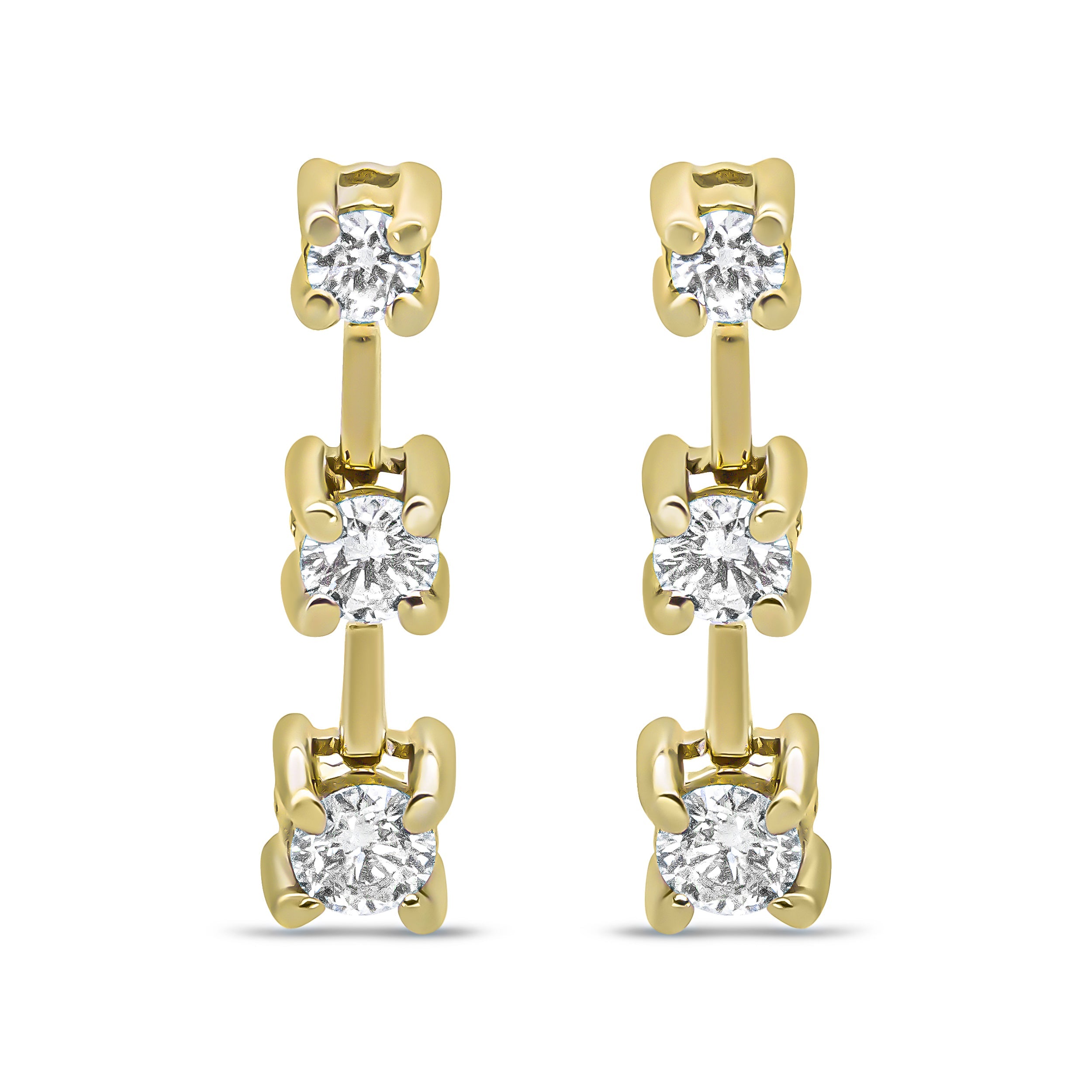 14K Yellow Gold 1/2 Cttw Round Diamond 3 Stone Graduated Linear Drop Past, Present and Future Stud Earrings (H-I Color, SI1-SI2 Clarity)