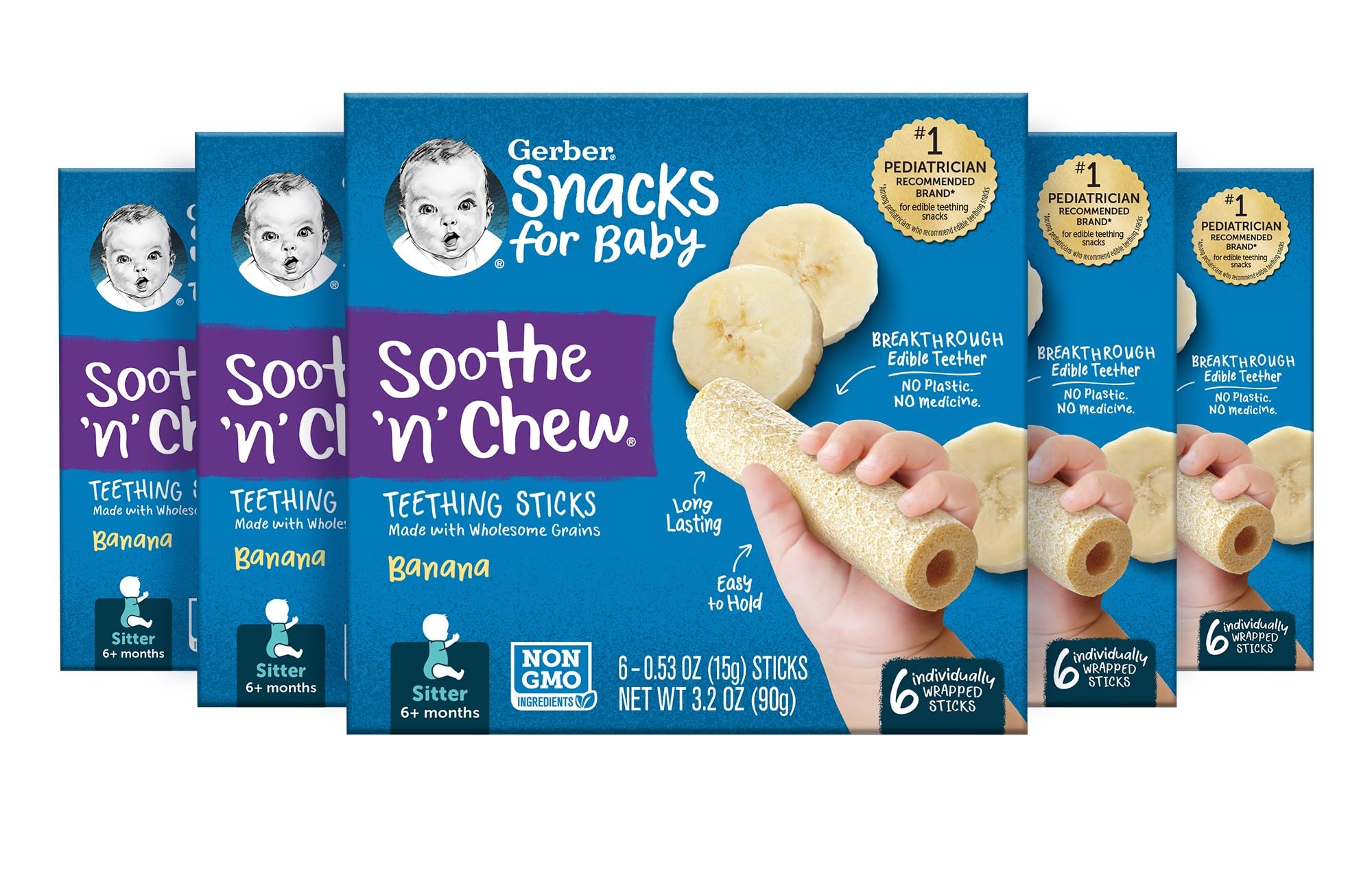 Gerber Snacks for Baby Baby Food Snacks Sitter Soothe N Chew Teething Sticks Banana Banana Teether 5 Boxes of 6 Individually Wrapped Sticks (30 Count)