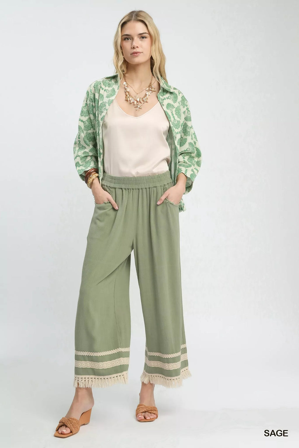 Umgee Lace Trim Fringe Hem Wide Leg Pants