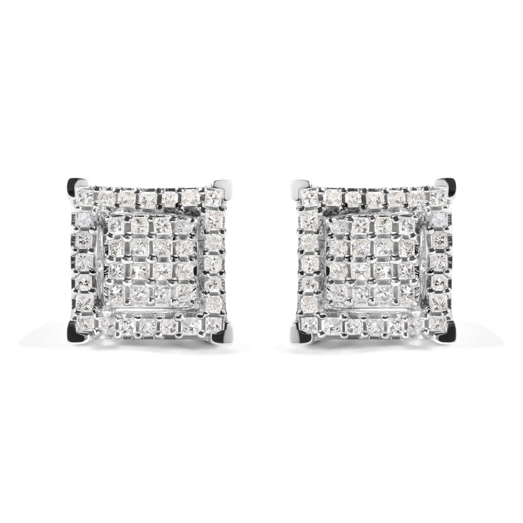 10K White Gold 1 1/4 Cttw Princess Diamond Composite Double Square and Halo Stud Earrings (I-J Color, I1-I2 Clarity)