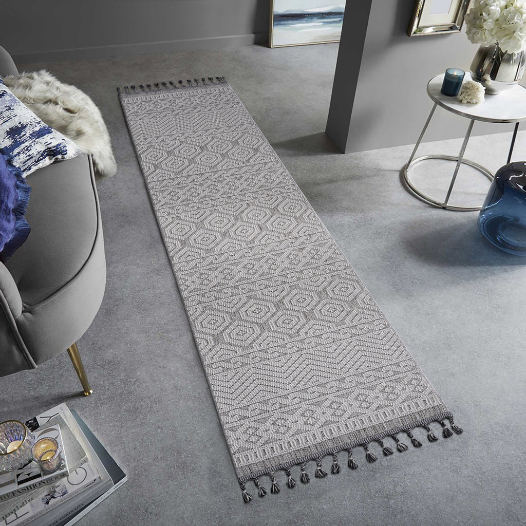 NAAR Guros Collection 2X8 Grey / White / Geometric Indoor / Outdoor Runner Rug