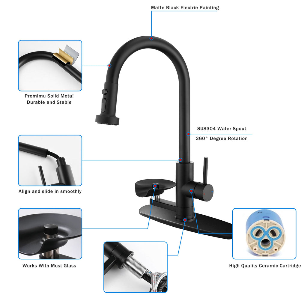 3-in-1 High-Arc Kitchen Faucet with Press-Type Glass Rinser, Pull-Down Sprayer, Matte Black Finish, Stainless Steel & ABS Construction, for Modern Sink