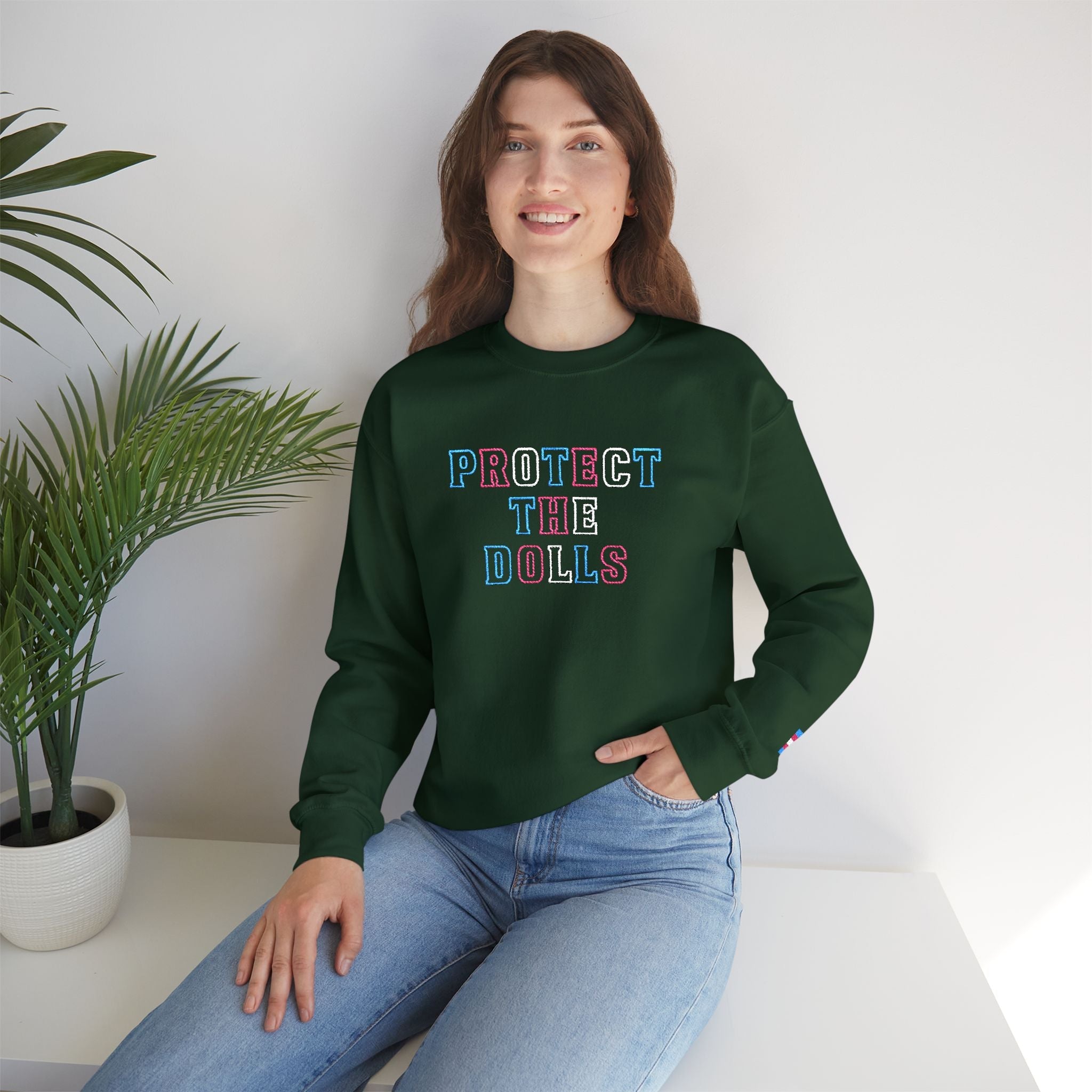 Bespattered Facade Protect the Dolls LGBTQ+ Pride Trans Support Embroidered Crewneck Sweatshirt
