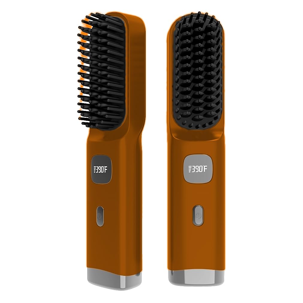 Cordless Hair Straightener Brush Portable on The go Comb for Travel 30s Fast Heating USB Rechargeable Dual Power Supply LCD Display with Pouch (Brown)