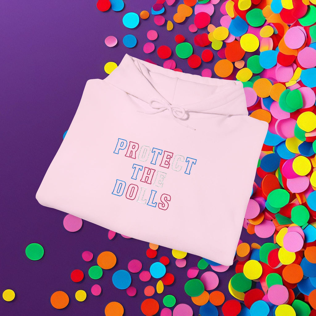 Bespattered Facade Protect the Dolls LGBTQ+ Pride Trans Support Embroidered Unisex Heavy Blend™ Hooded Sweatshirt