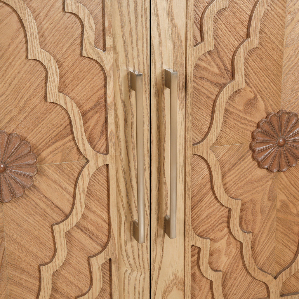 Carved Flower Door Large Storage Cabinet With Metal Handle Suitable For Living Room, Kitchen, Entryway(NATURAL WOOD)