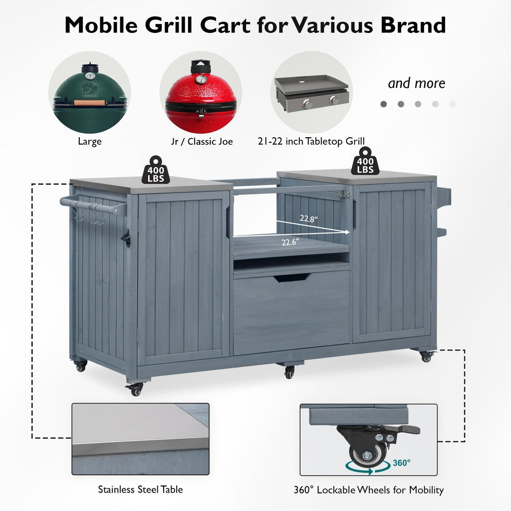 K&K 66.5' Outdoor Kitchen Island for Big Green Egg Grills, Solid Wood Outdoor Grill Cart for Tabletop Grill with Stainless Steel Top, Drawer, Compatible with Large Big Green Egg, Kamado Joe- Grey Blue