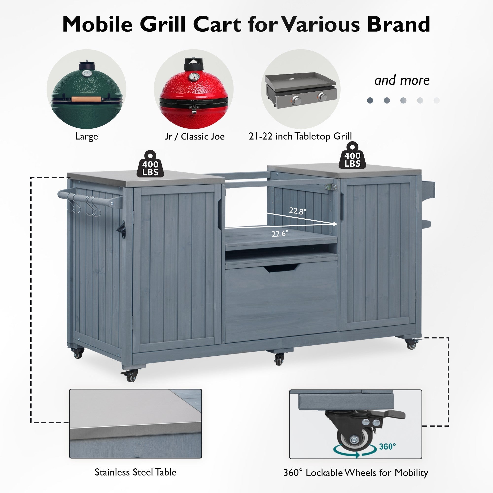 K&K 66.5' Outdoor Kitchen Island for Big Green Egg Grills, Solid Wood Outdoor Grill Cart for Tabletop Grill with Stainless Steel Top, Drawer, Compatible with Large Big Green Egg, Kamado Joe- Grey Blue
