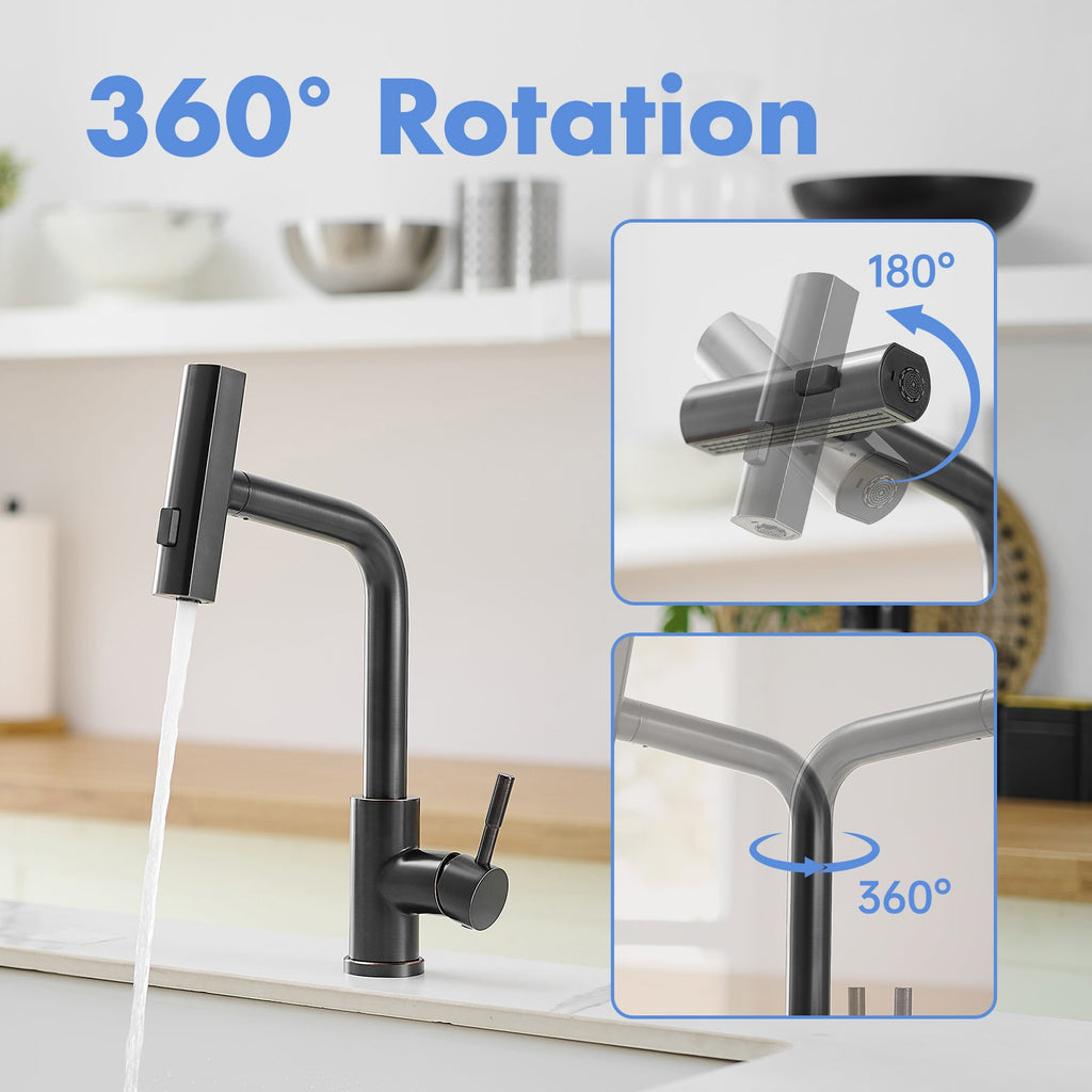 360° Rotation Pull-Down Kitchen Faucet with 3 Spray Modes - Oil Rubbed Bronze /Stainless Steel High-Arc Sink Faucet