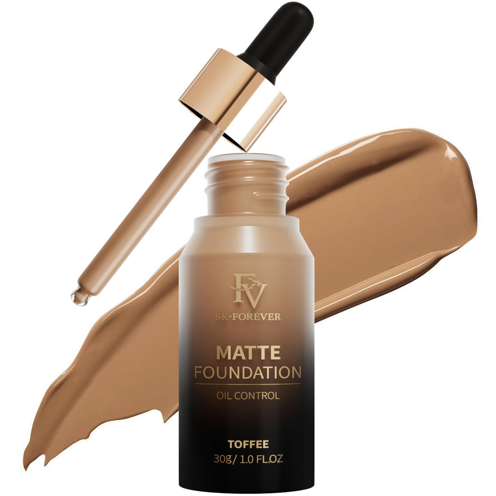 FV Matte Liquid Foundation - Full Coverage Long-Lasting Oil Control Minimizes Pores Waterproof Makeup for Oily/Combination Skin Flawless Finish 1 Fl. Oz (Toffee)