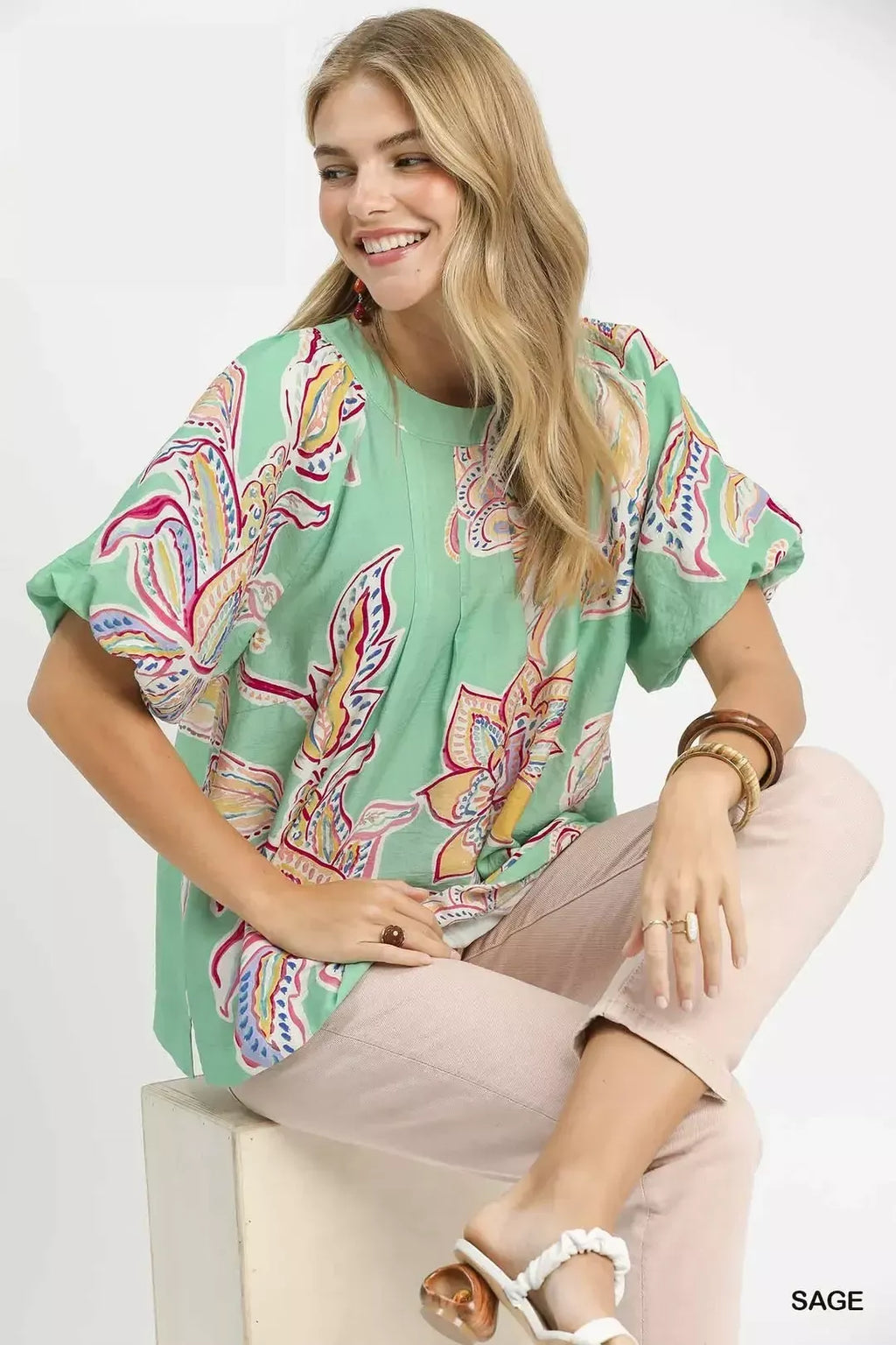 Umgee Paisley Print Puff Sleeve Top