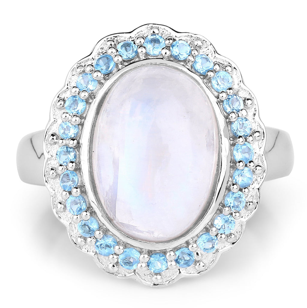 7.21 Carat Genuine White Rainbow Moonstone & Swiss Blue Topaz .925 Sterling Silver Ring