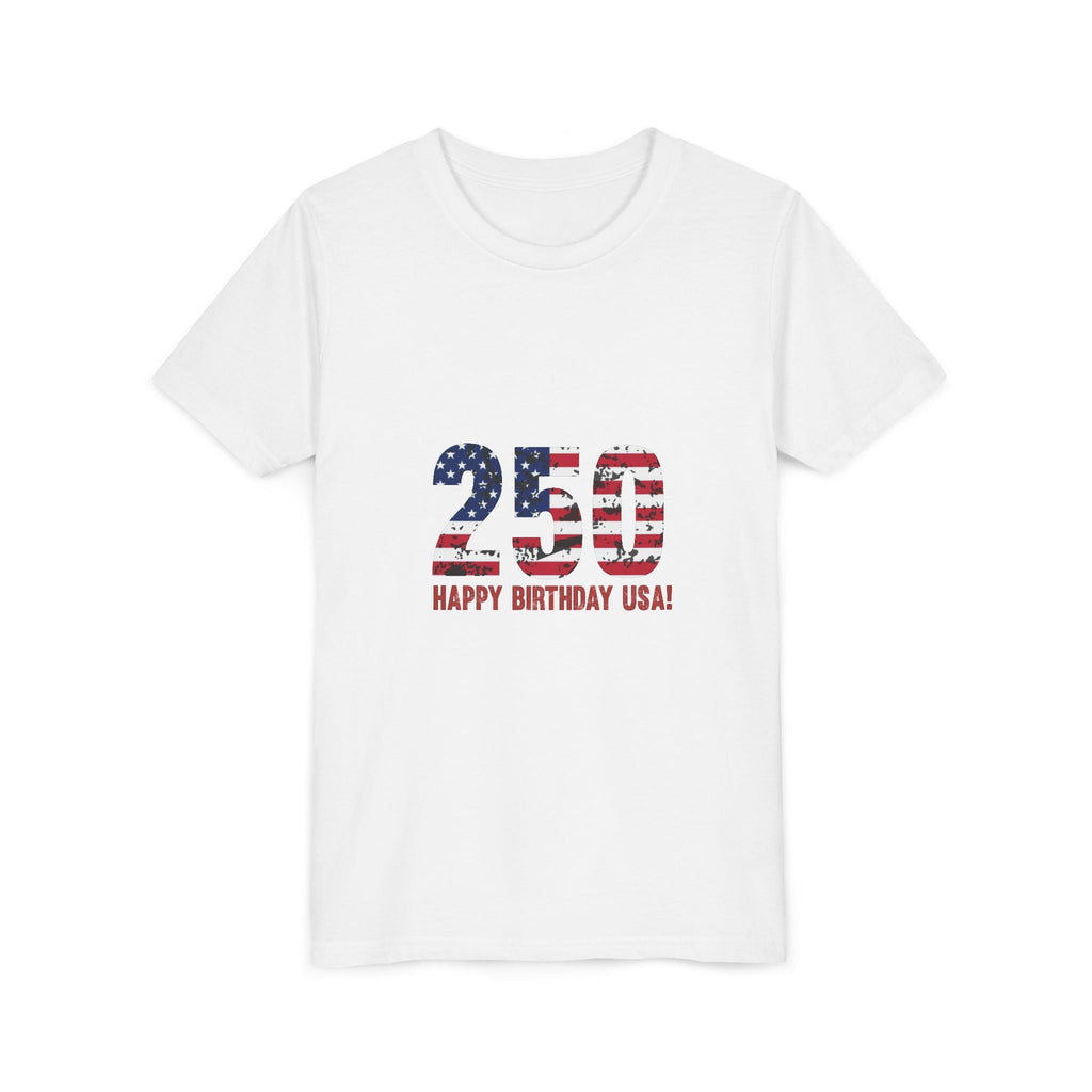 Youth Tee — "250 Happy Birthday USA!" Patriotic American Flag Kids Shirt