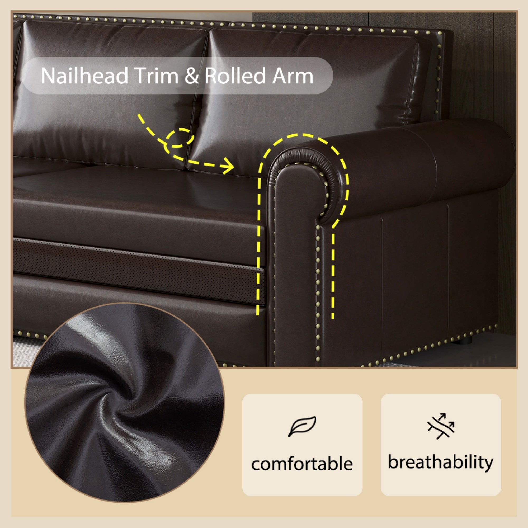 93.7 ' Pull Out Sofa Bed, 3-in-1 Faux Leather Convertible Sleeper Sofa with Nailhead Trim & Rolled Arm,Multi-Functional Sofa Bed for Living Room,Bedroom,Apartment,Office