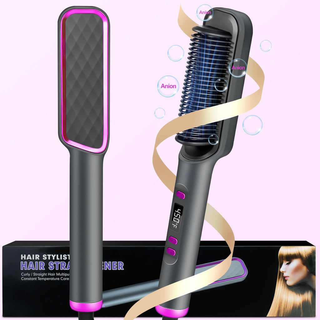 FineBud Hair Straightener Brush 10s Fast Heating Hair Straightener Comb Straightening Brush for Women LCD Display Hot Brush Hair Straightener with Negative Ions 5 Temps Flat Iron Brush Anti-Scald
