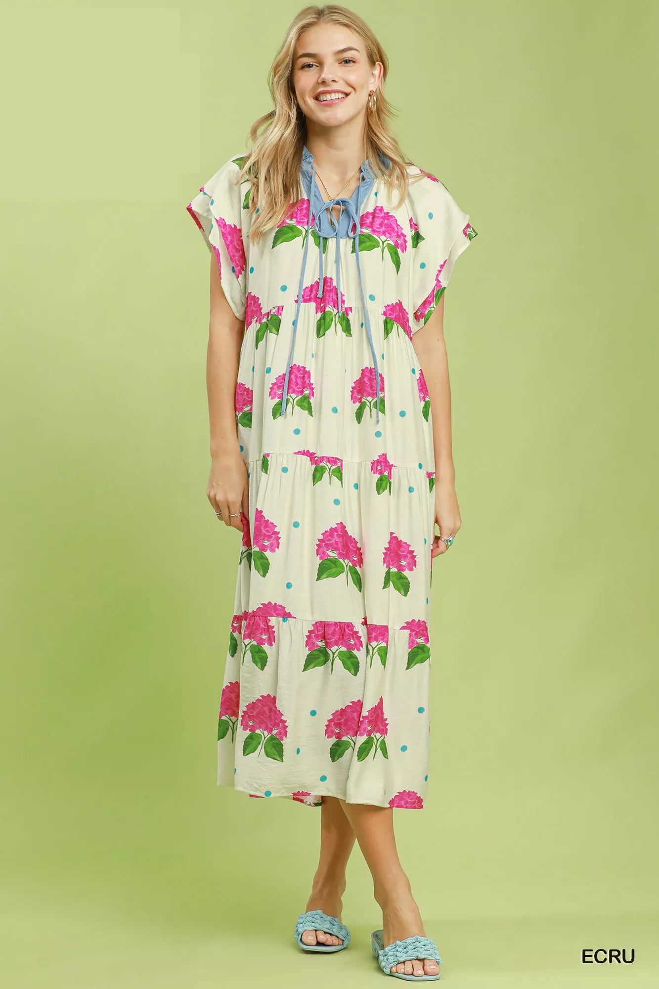 Umgee Hydrangea Print Tiered Midi Dress