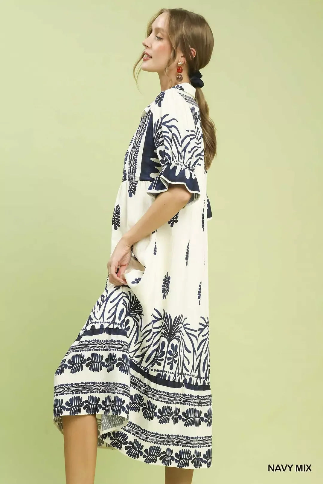 Umgee Border Print Midi Dress with Puff Sleeves