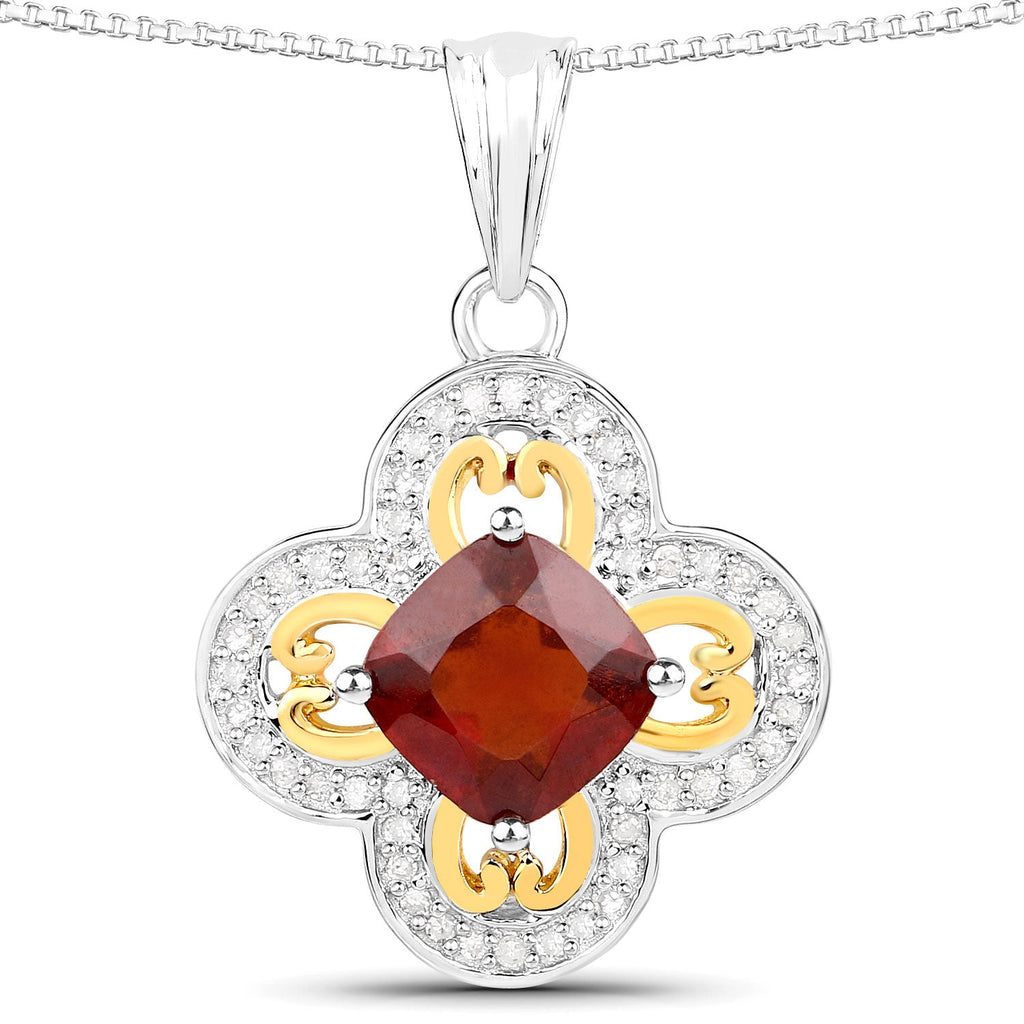 1.63 Carat Genuine Hessonite and White Diamond 18K Yellow Gold with .925 Sterling Silver Pendant