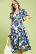 Umgee Tropical Floral V-Neck Flutter Sleeve Tiered Midi Dress