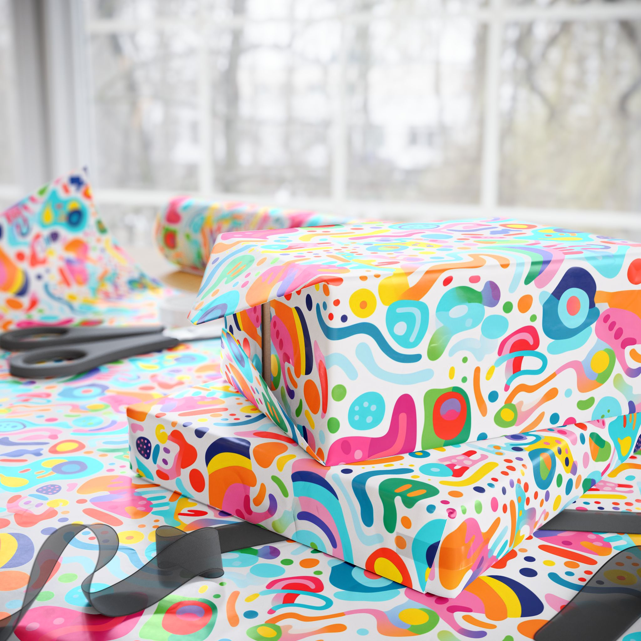 Bespattered Facade Rainbow Doodles Wrapping Paper | Three Sizes | Glossy or Matte
