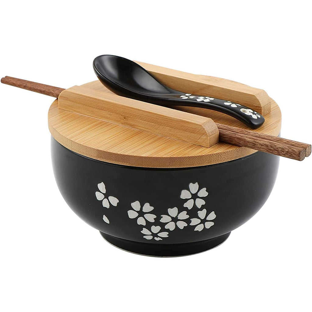 LCHLZZ Japanese Ramen Bowl Vintage Ramen Noodles Bowl with Chopsticks and Spoon Black Ceramic Ramen Bowl Hand Drawn Rice Bowl Retro Tableware Noodle Ramen Bowl Set
