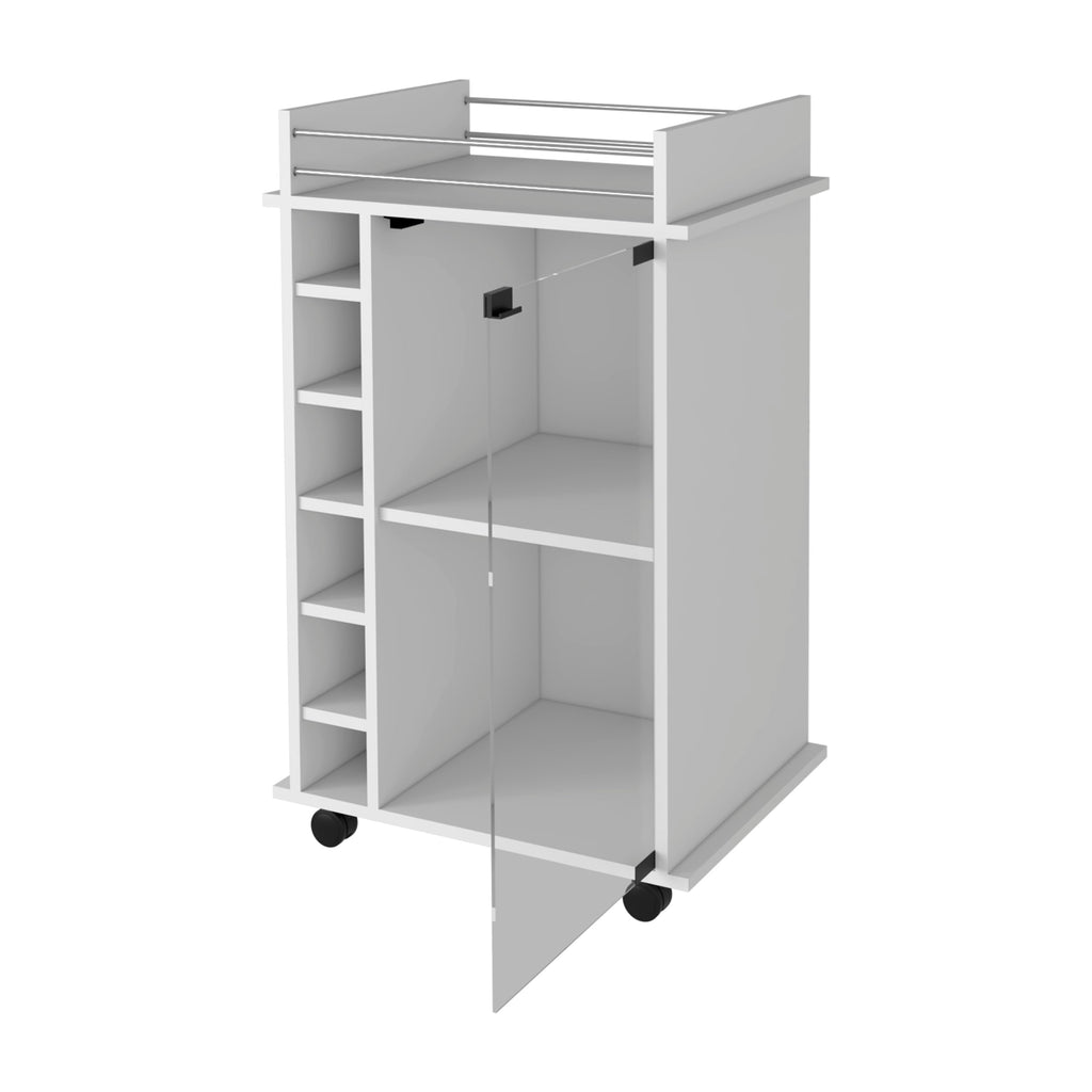 Vegas Bar Cart, Two Tier Cabinet With Glass Door, Six Cubbies For Liquor