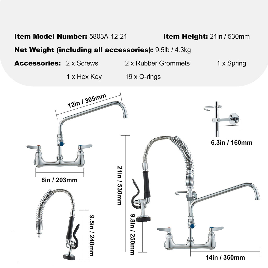 Commercial Faucet with Pre-Rinse Sprayer, 21' Height, 8' Center, 12' Swing Spout, Wall Mount Kitchen Sink Faucet, Brass Constructed Device with Pull Down Spray, for 1/2/3 Compartment Sink