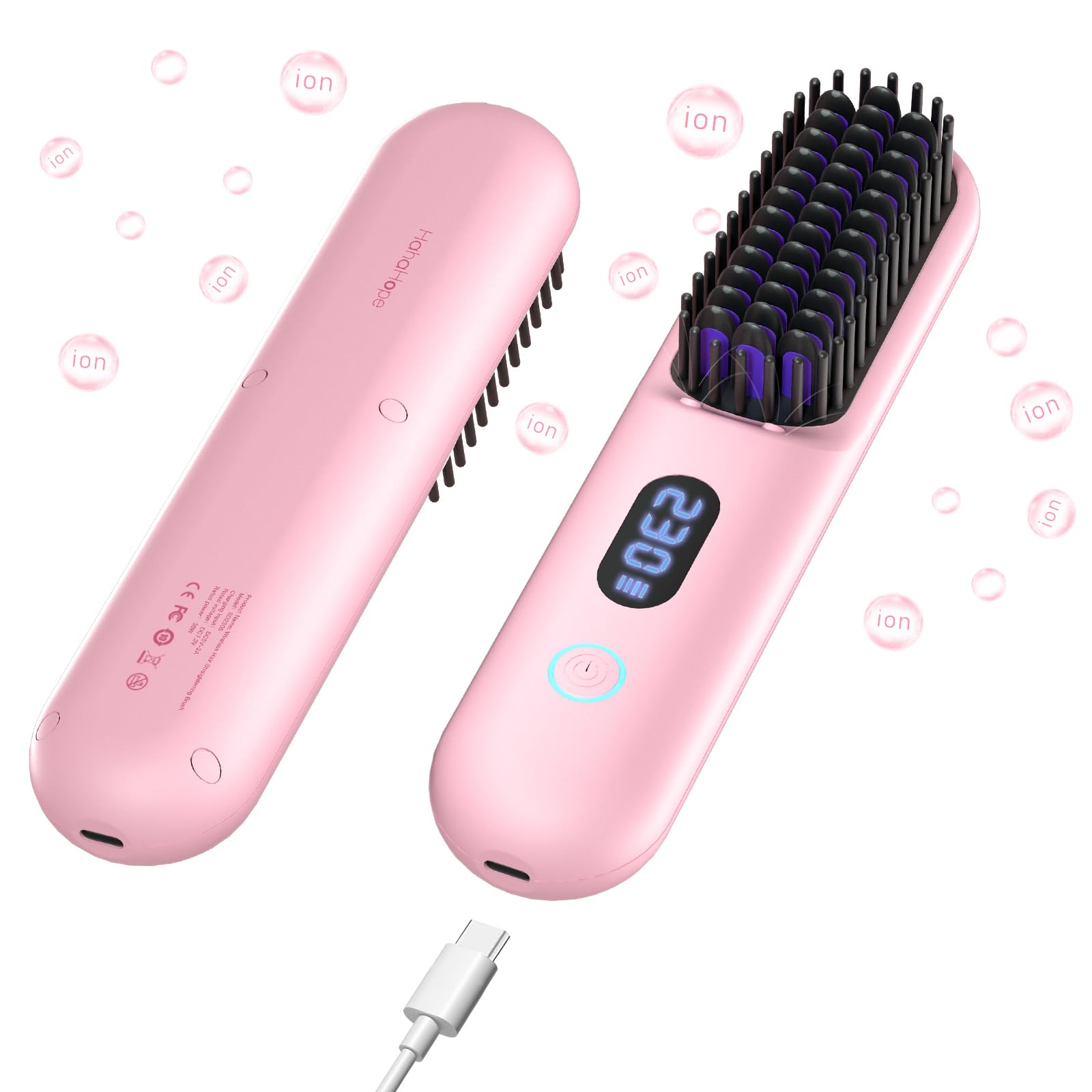Cordless Hair Straightener Brush-Portable Straightening Comb 9600mAh Batt Plasma Tech 9 Temp-Settings & LED Display for Travel & Home(Pink)