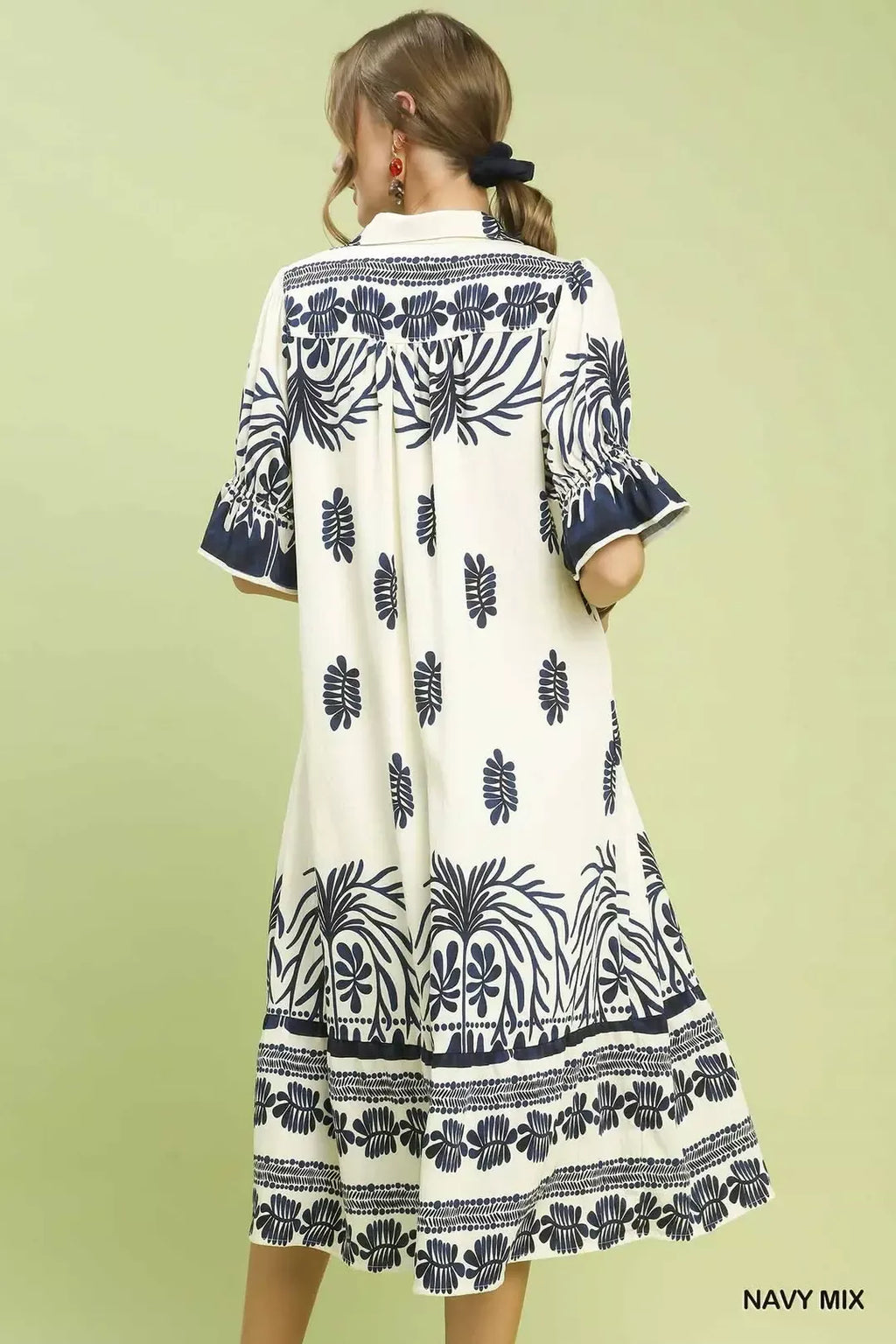 Umgee Border Print Midi Dress with Puff Sleeves