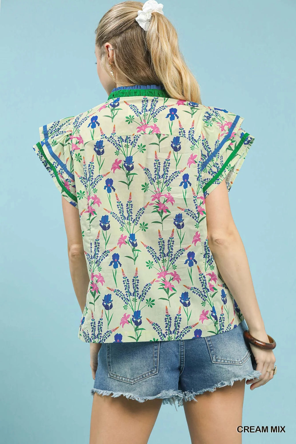 Umgee Mix Floral Print Blouse with Contrast Trim