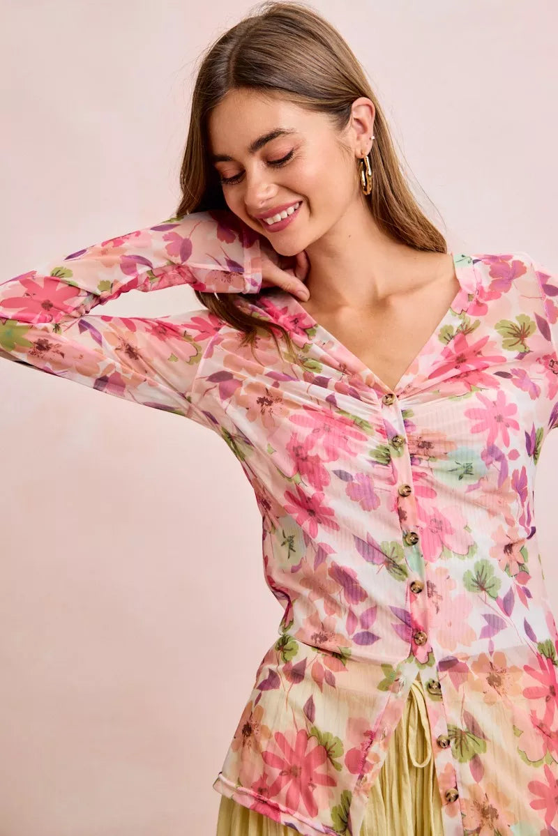 BiBi Floral Shrried Detail Button Up Mesh Cardigan Top