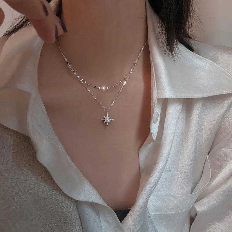 Stars, Moon, Six-pointed Star Double Necklace Female Sterling Silver Clavicle Chain
