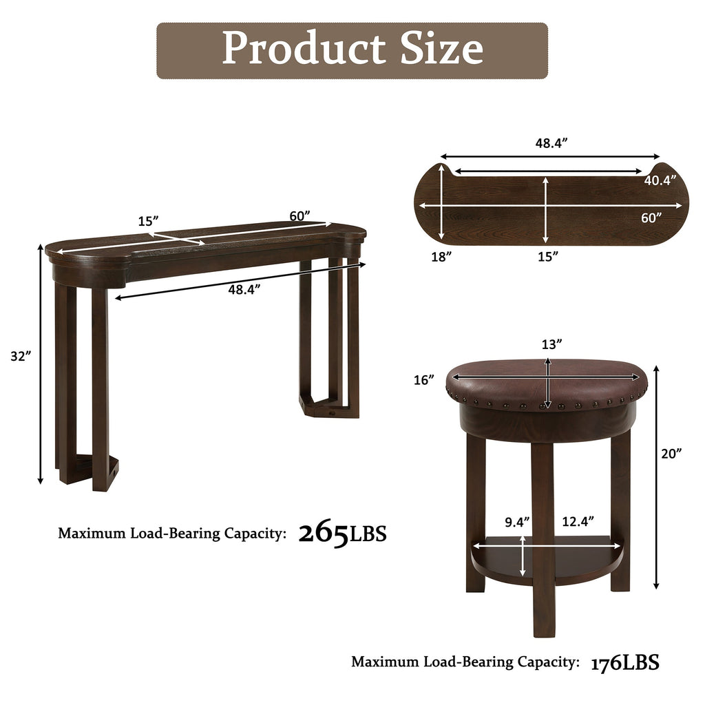 4 Piece Bar Table Set with3 PU Upholstered Bar Stools, Breakfast Table with 3 Padded Stools Solid Wood Counter Height Dining Table Set for Living Room, Dining Room.  Espresso