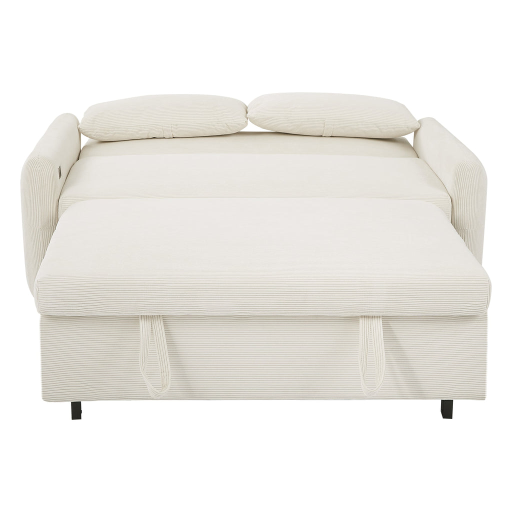 Modern Convertible Pull-out Sofa Bed with USB Ports and Pillows, Beige Corduroy, 57.48 inches