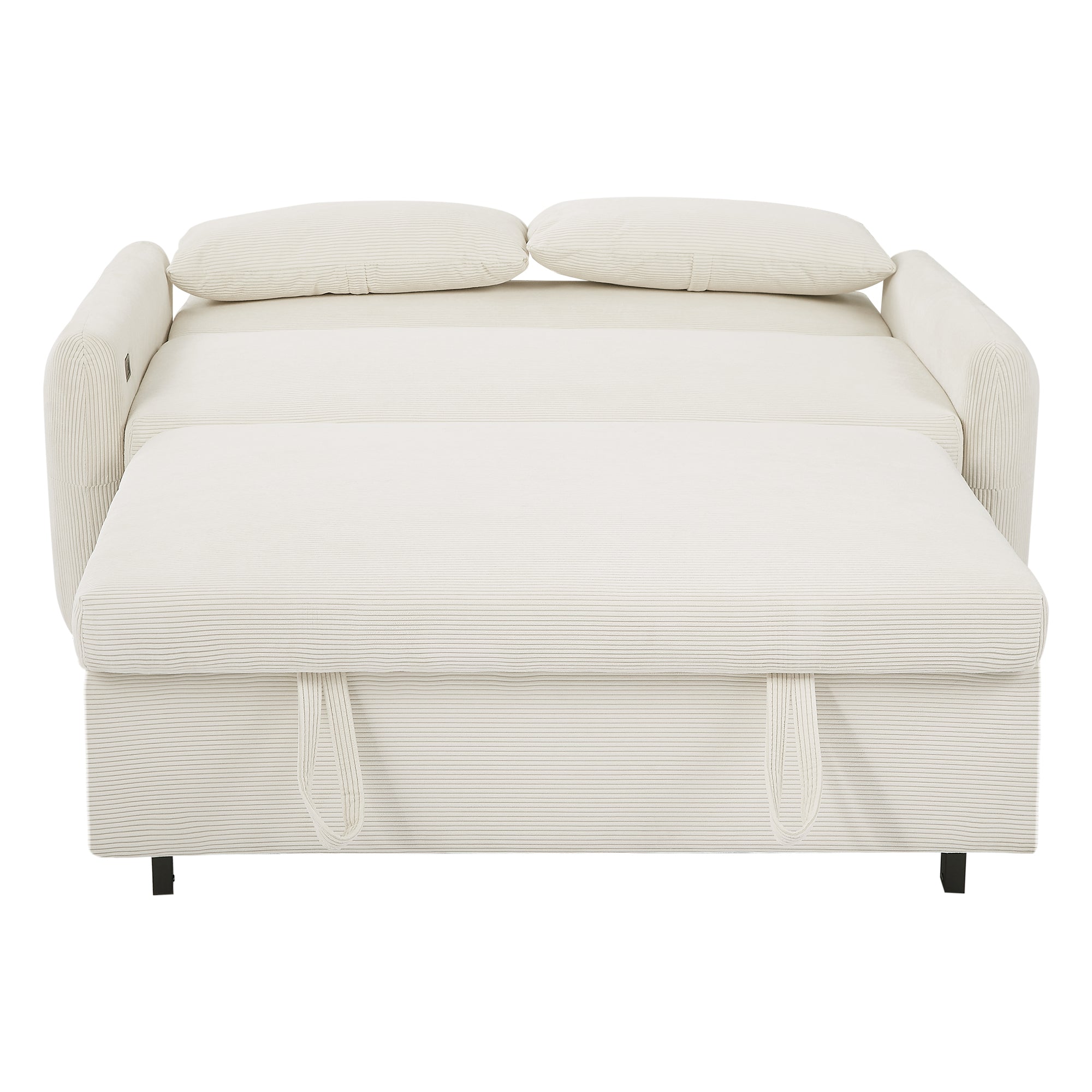 Modern Convertible Pull-out Sofa Bed with USB Ports and Pillows, Beige Corduroy, 57.48 inches