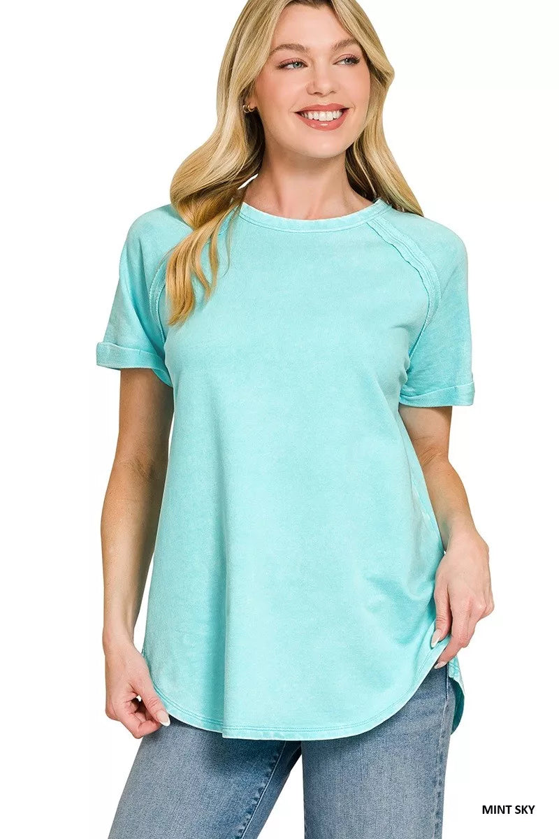 Zenana French Terry Washed Curved Hem Top