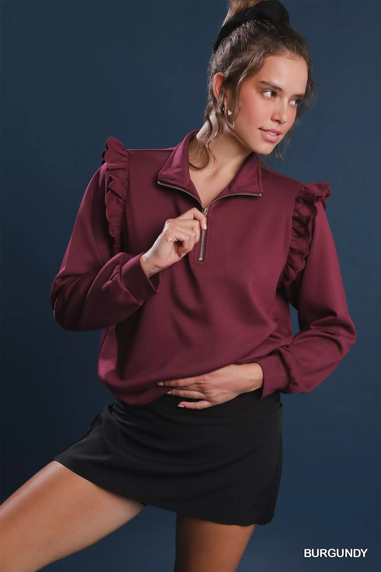 Umgee Luxeknit Ruffle Shoulder Quarter-Zip Sweatshirt
