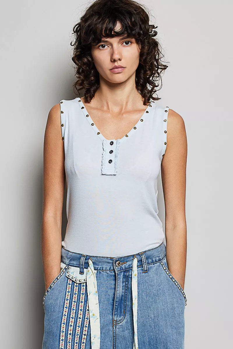 POL Studded Trim Button-Front Ruffle Detail Tank