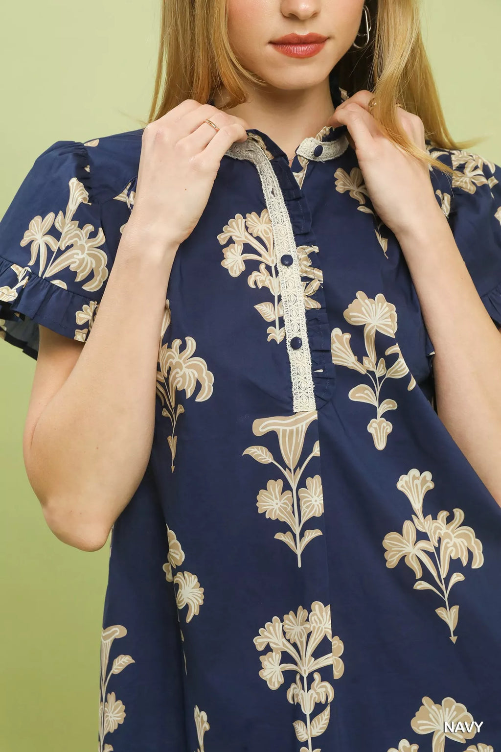 Umgee Floral Ruffle Sleeve Split-Neck Top