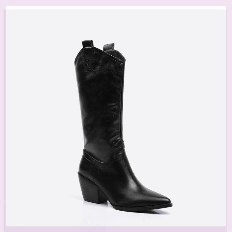New Women's Pointed Toe Chunky Heel Knee High Boots
