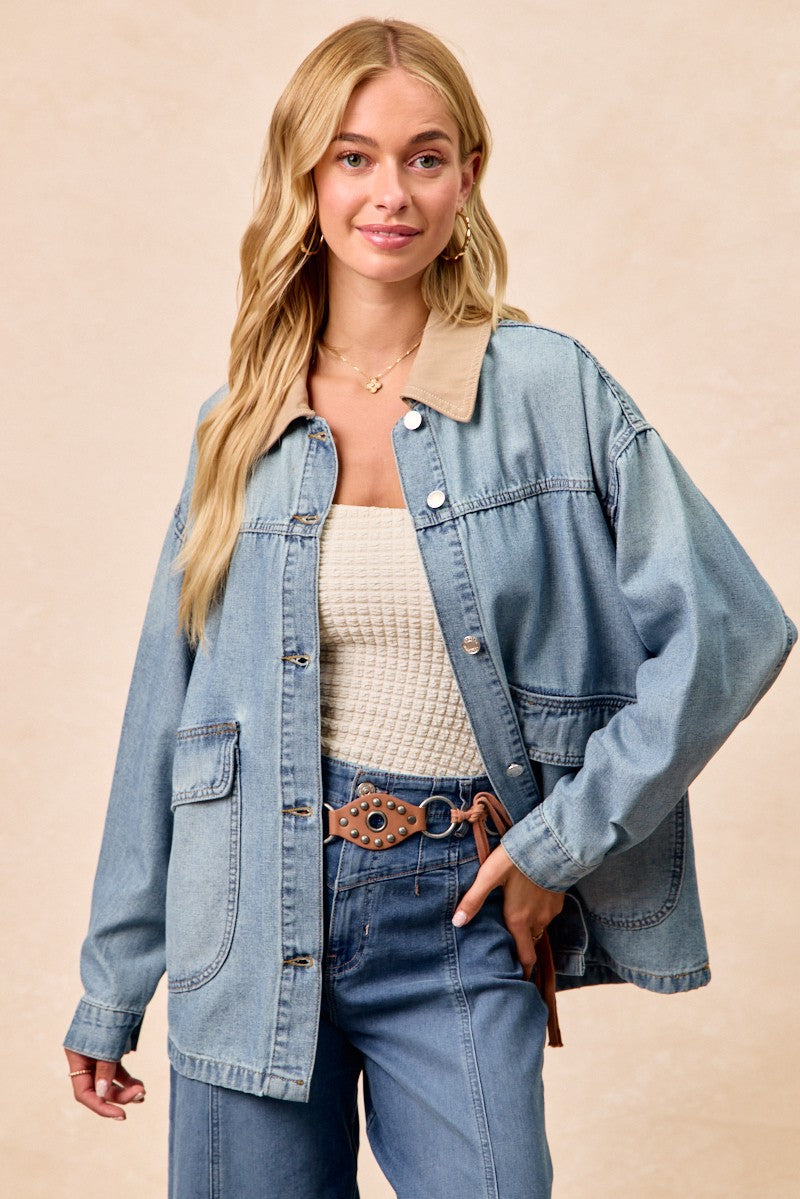 BiBi Washed Denim Jacket with Contrast Collar Detail