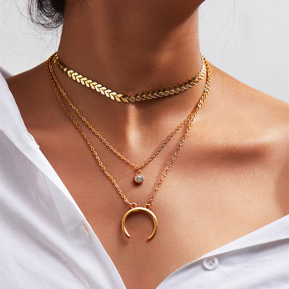 Crescent Moon Necklace with Alloy Pendant and Rhinestones