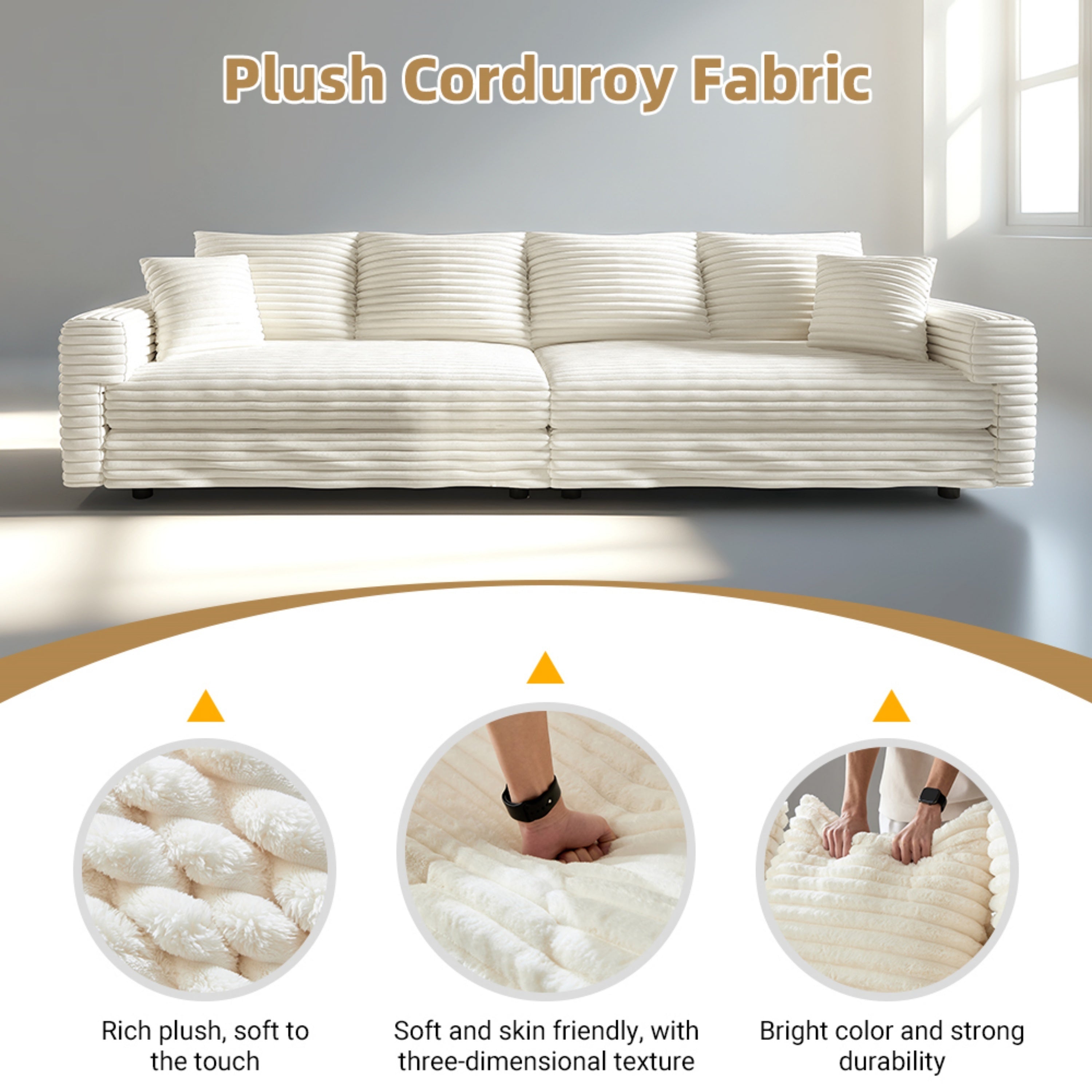 102.4 'Plush Corduroy 4-Seat Sofa,Modern Comfy Upholstered Sofa Cloud Couch,Deep Seat Couches with Soft Pillows and Movable Ottoman,Convertible Sofa Lounge Chair,for Living Room,Apartment,Office,Beige